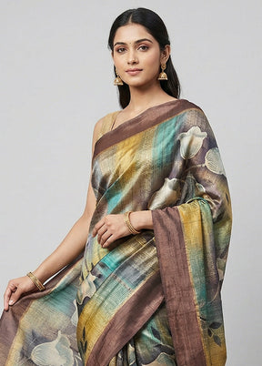 Cream Handloom Tussar Pure Silk Saree With Blouse Piece