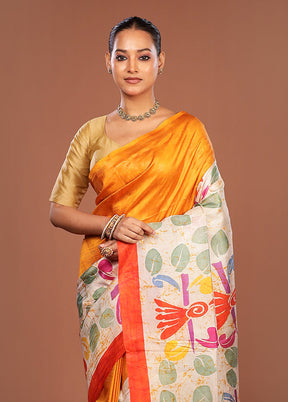 Cream Printed Pure Silk Saree Without Blouse Piece