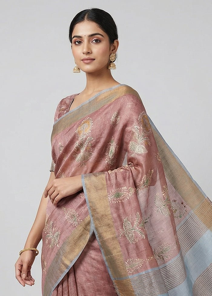Pink Tussar Silk Saree With Blouse Piece