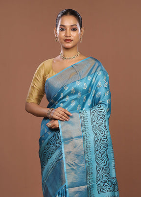 Blue Tussar Silk Saree With Blouse Piece