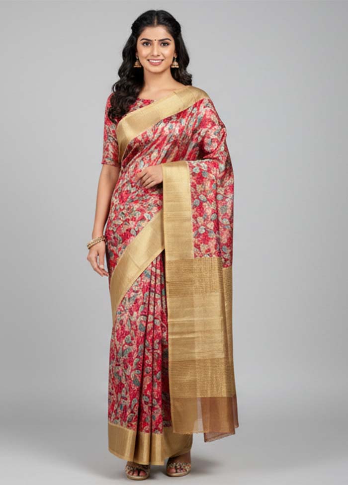 Pink Tussar Silk Saree With Blouse Piece