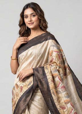 Cream Tussar Silk Saree With Blouse Piece
