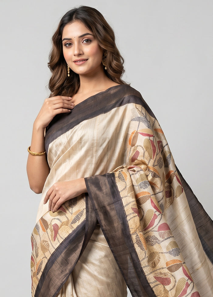 Cream Tussar Silk Saree With Blouse Piece