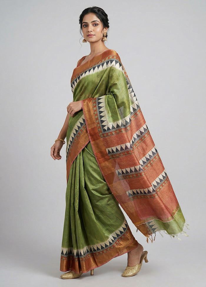 Green Tussar Silk Saree With Blouse Piece