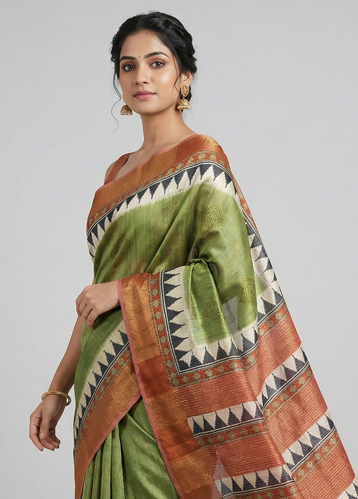 Green Tussar Silk Saree With Blouse Piece