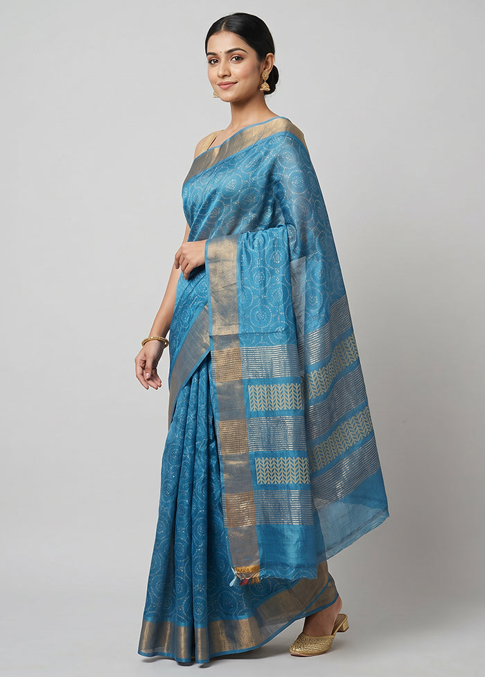 Blue Tussar Silk Saree With Blouse Piece