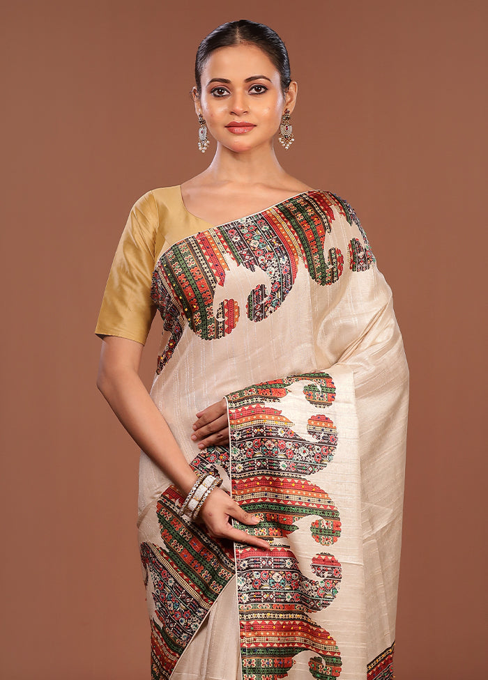 Grey Tussar Silk Saree With Blouse Piece