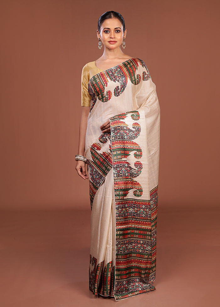 Grey Tussar Silk Saree With Blouse Piece