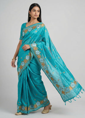 Blue Handloom Tussar Pure Silk Saree With Blouse Piece