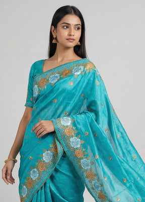Blue Handloom Tussar Pure Silk Saree With Blouse Piece
