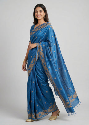 Blue Handloom Tussar Pure Silk Saree With Blouse Piece