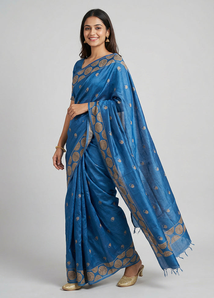 Blue Handloom Tussar Pure Silk Saree With Blouse Piece