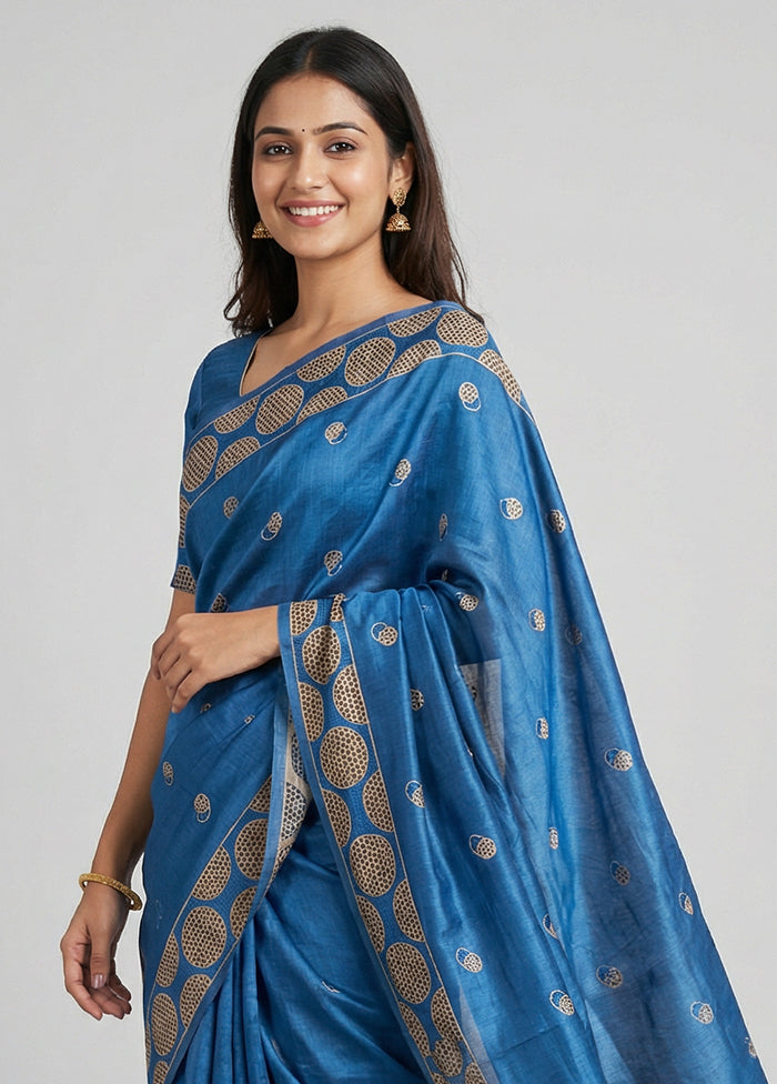 Blue Handloom Tussar Pure Silk Saree With Blouse Piece