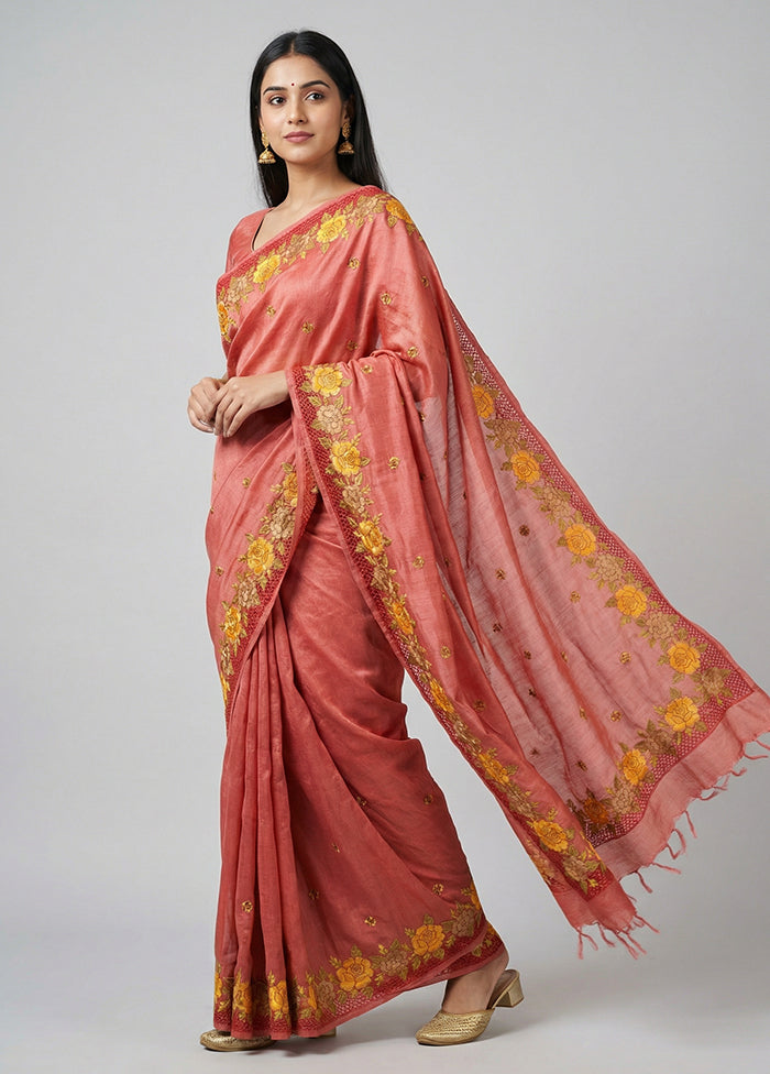 Pink Handloom Tussar Pure Silk Saree With Blouse Piece
