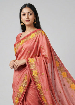 Pink Handloom Tussar Pure Silk Saree With Blouse Piece