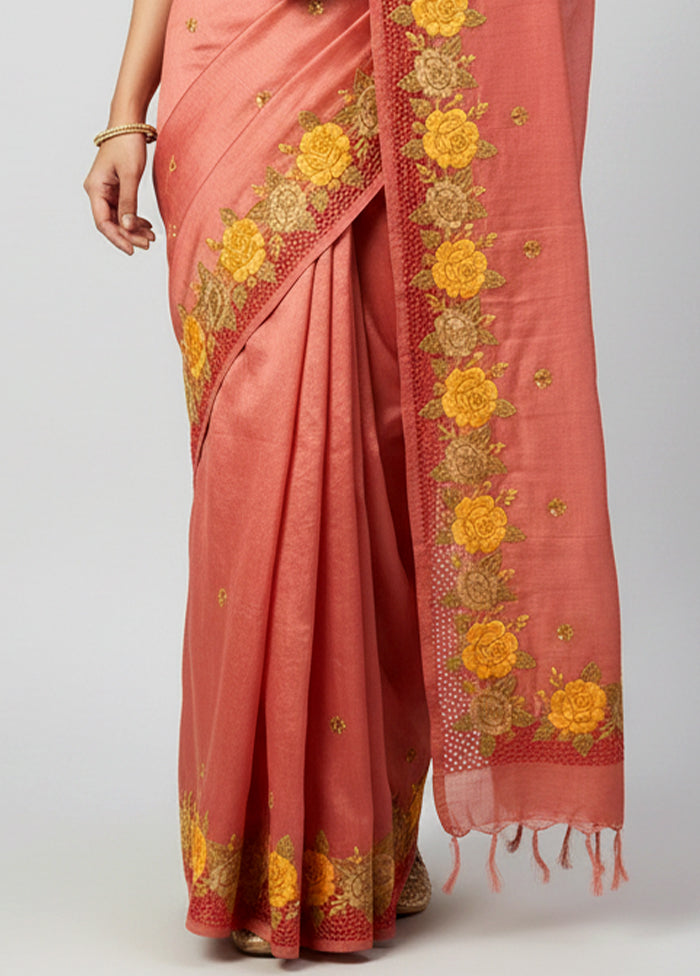 Pink Handloom Tussar Pure Silk Saree With Blouse Piece