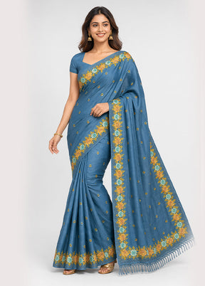 Blue Handloom Tussar Pure Silk Saree With Blouse Piece