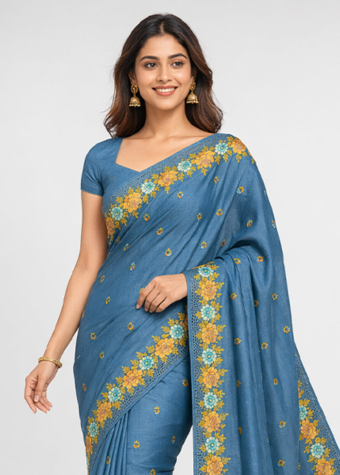 Blue Handloom Tussar Pure Silk Saree With Blouse Piece