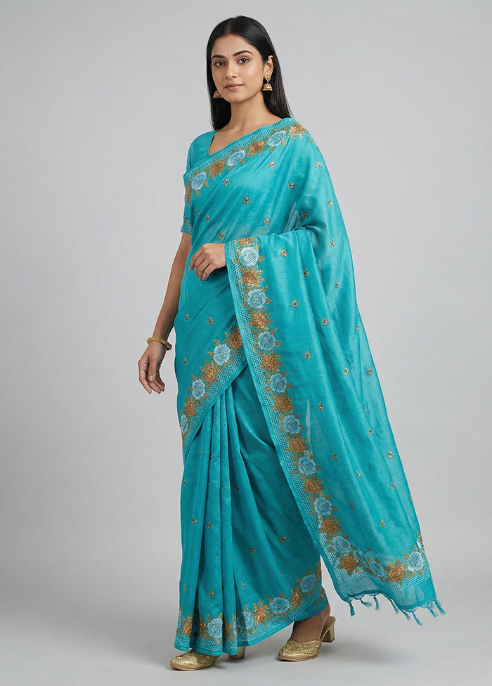 Blue Handloom Tussar Pure Silk Saree With Blouse Piece