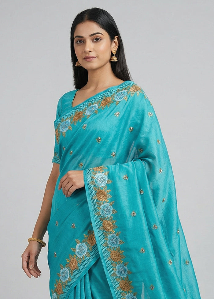 Blue Handloom Tussar Pure Silk Saree With Blouse Piece