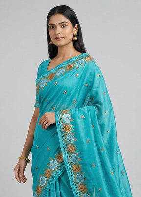 Blue Handloom Tussar Pure Silk Saree With Blouse Piece