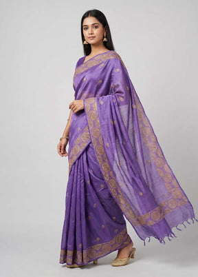 Purple Handloom Tussar Pure Silk Saree With Blouse Piece