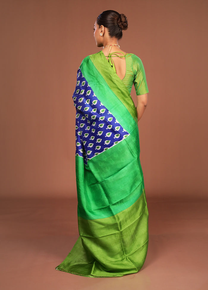 Blue Printed Pure Silk Saree Without Blouse Piece