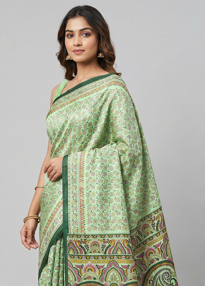 Green Printed Silk Saree Without Blouse Piece