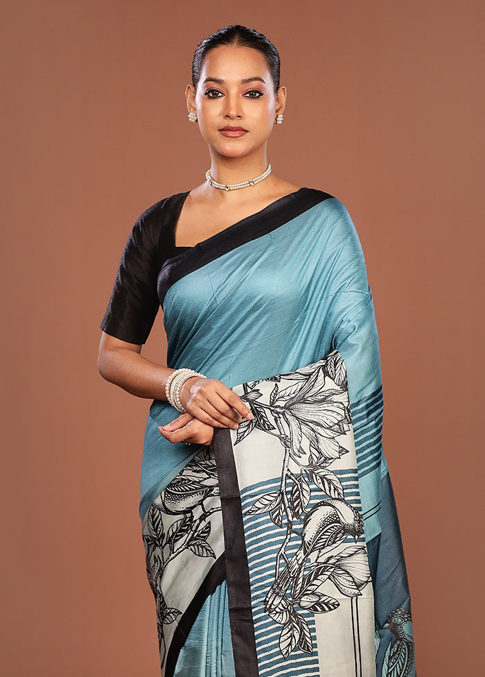 Blue Printed Pure Silk Saree Without Blouse Piece