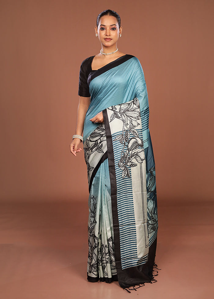 Blue Printed Pure Silk Saree Without Blouse Piece