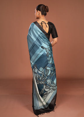 Blue Printed Pure Silk Saree Without Blouse Piece