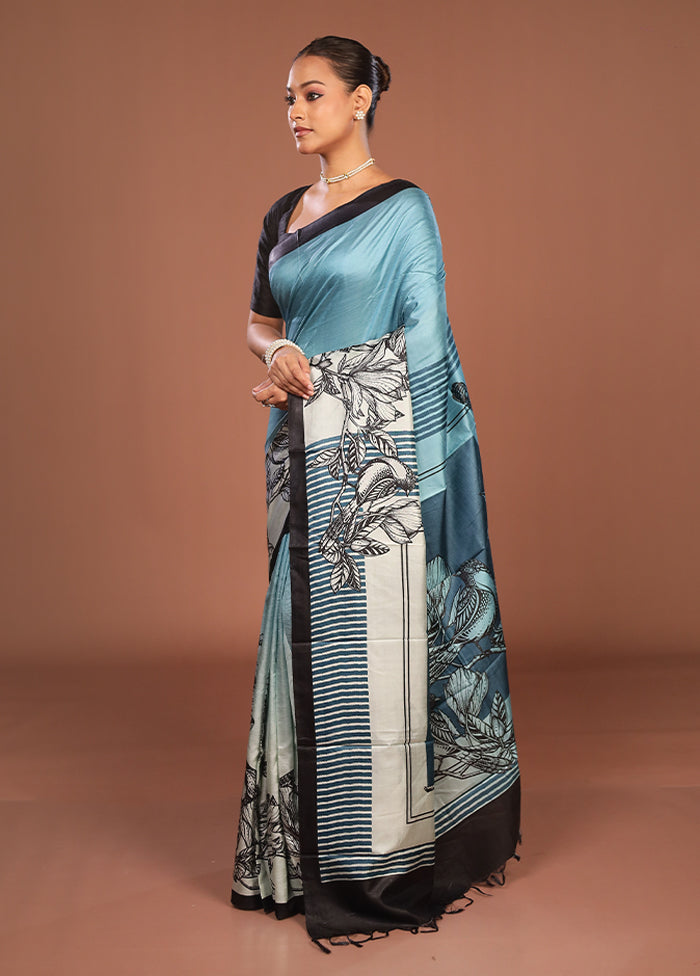 Blue Printed Pure Silk Saree Without Blouse Piece