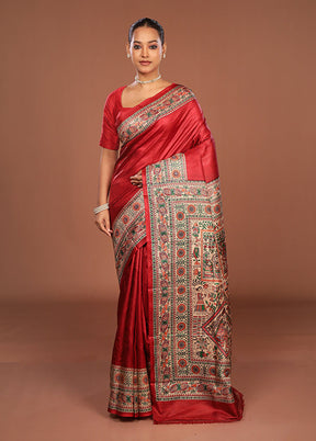 Red Printed Pure Silk Saree Without Blouse Piece