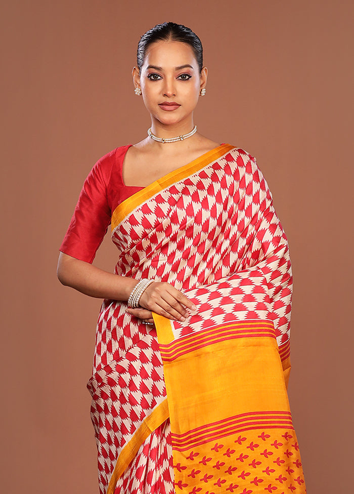 Red Printed Pure Silk Saree Without Blouse Piece