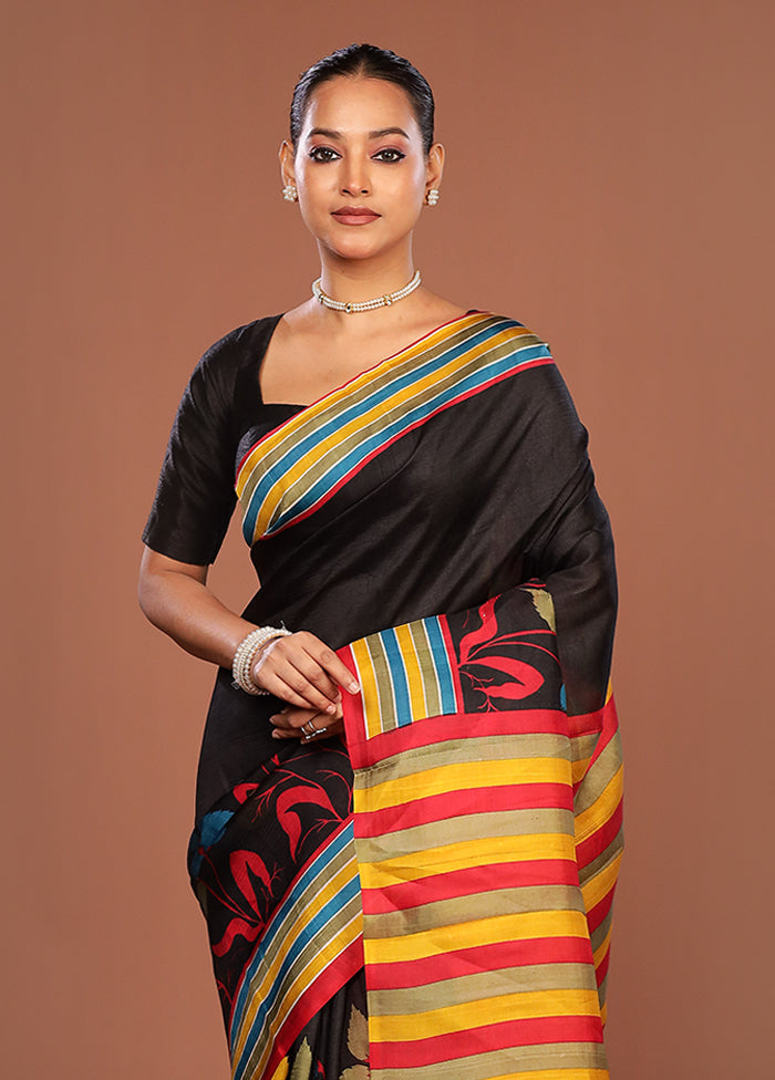 Black Printed Pure Silk Saree Without Blouse Piece