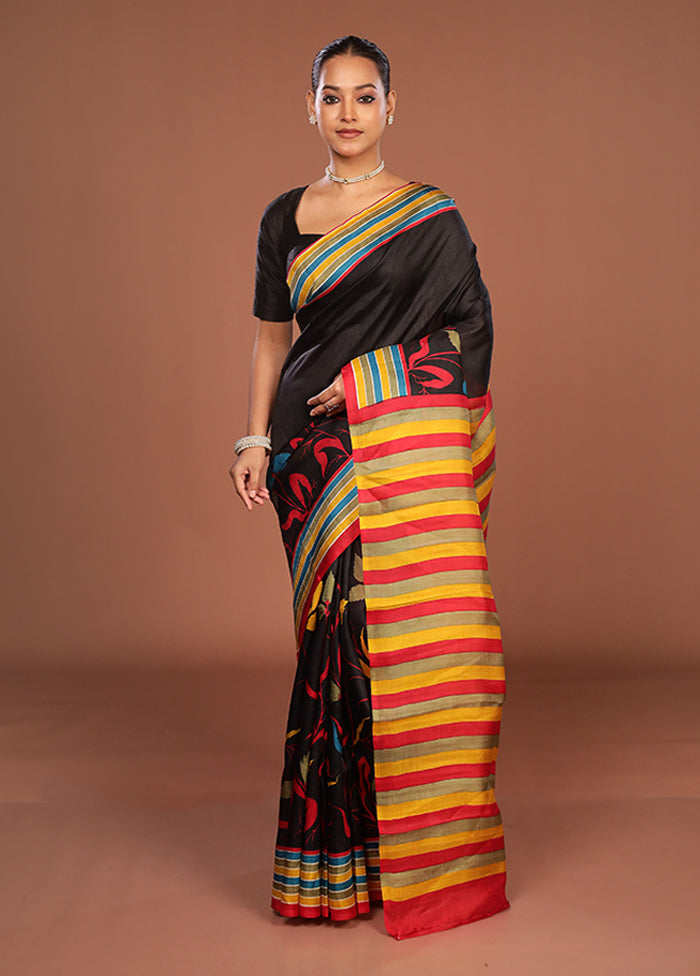 Black Printed Pure Silk Saree Without Blouse Piece