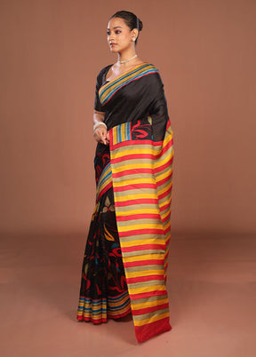 Black Printed Pure Silk Saree Without Blouse Piece
