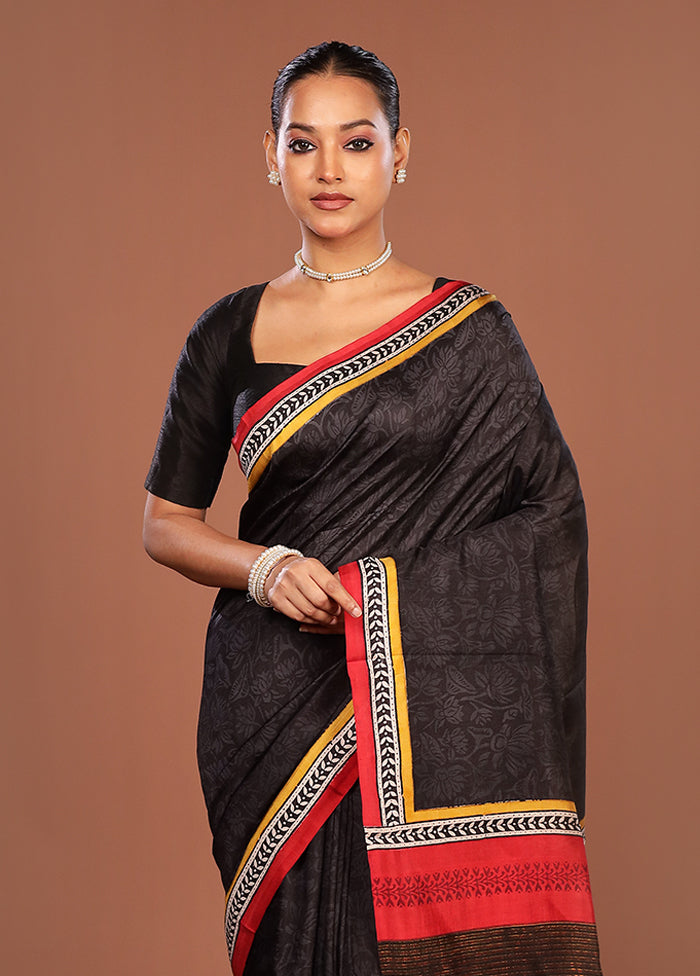 Black Printed Pure Silk Saree Without Blouse Piece