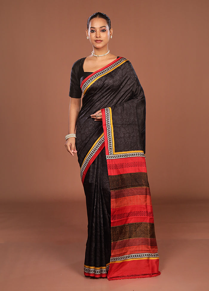 Black Printed Pure Silk Saree Without Blouse Piece