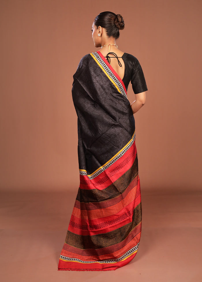 Black Printed Pure Silk Saree Without Blouse Piece