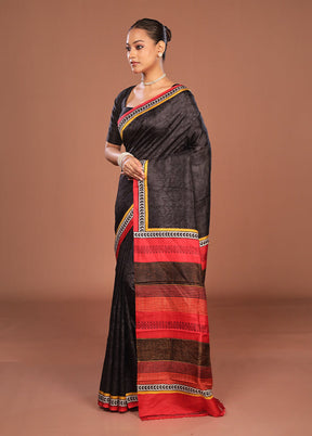 Black Printed Pure Silk Saree Without Blouse Piece
