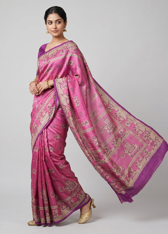 Pink Printed Silk Saree Without Blouse Piece