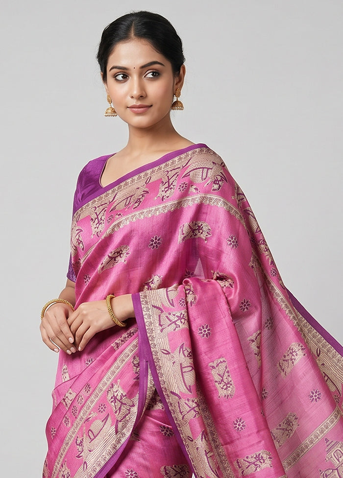 Pink Printed Silk Saree Without Blouse Piece