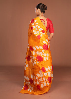 Yellow Printed Pure Silk Saree Without Blouse Piece