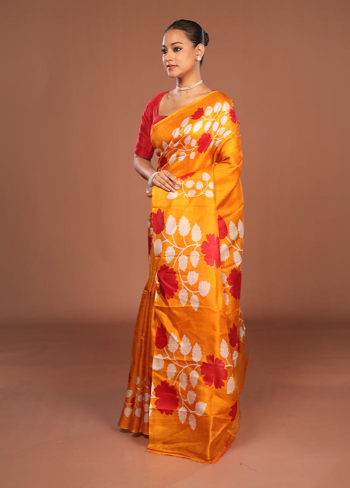 Yellow Printed Pure Silk Saree Without Blouse Piece