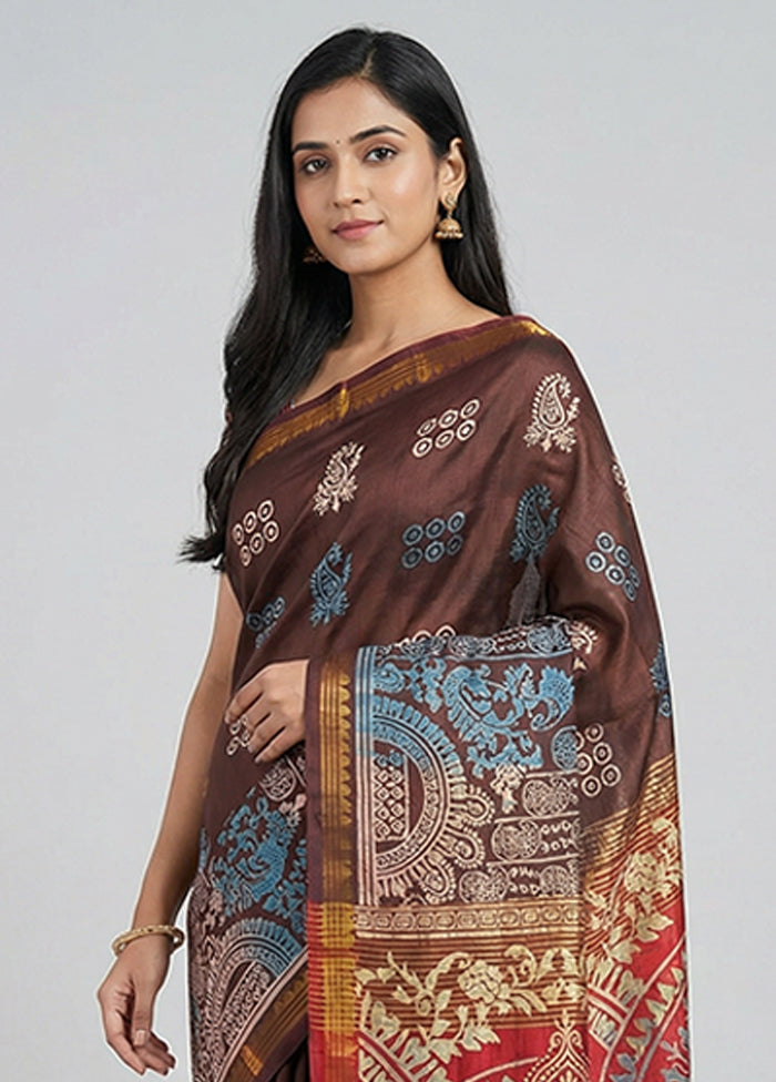Maroon Printed Silk Saree Without Blouse Piece