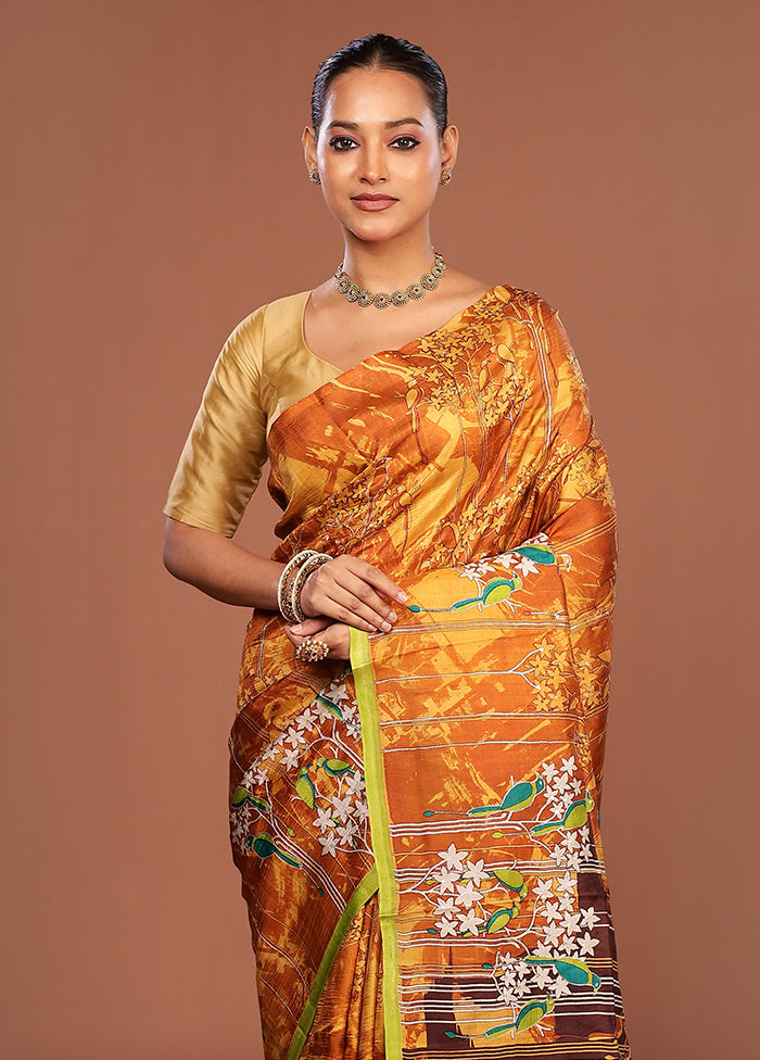 Orange Handloom Tussar Pure Silk Saree With Blouse Piece