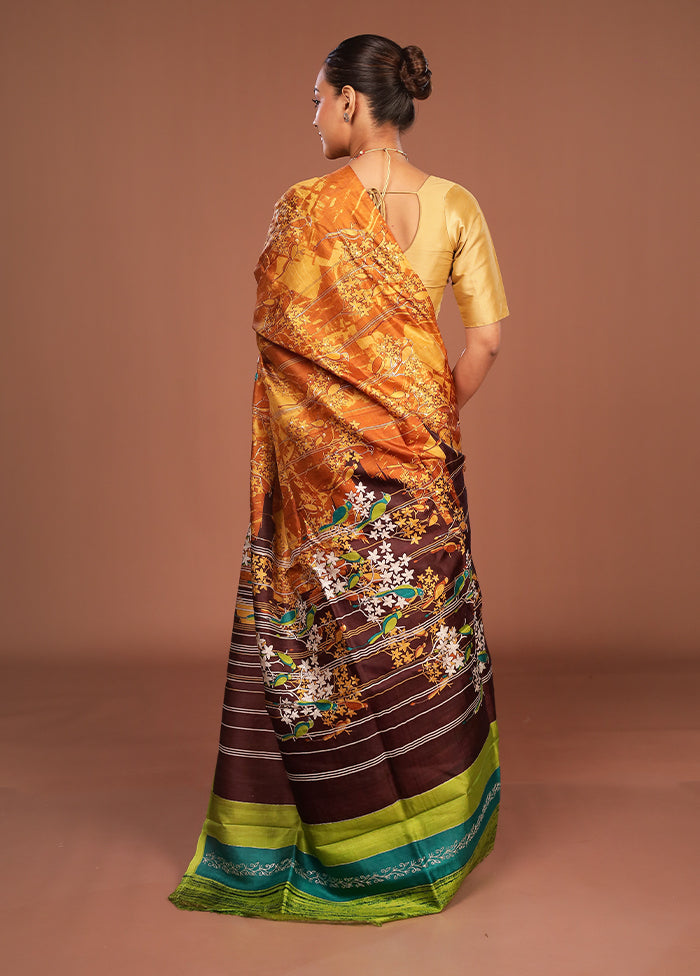 Orange Handloom Tussar Pure Silk Saree With Blouse Piece
