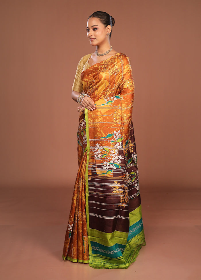 Orange Handloom Tussar Pure Silk Saree With Blouse Piece
