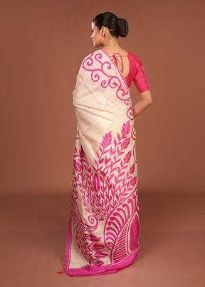 Cream Handloom Tussar Pure Silk Saree With Blouse Piece